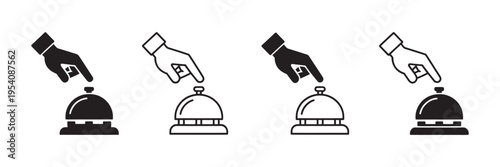 Pressed bell icon set, hotel service, reception, customer, guest, restaurant bell symbol, ringing notification, line and flat style, vector