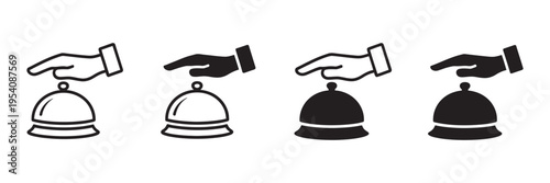 Pressed bell icon set, hotel service, reception, customer, guest, restaurant bell symbol, ringing notification, line and flat style, vector