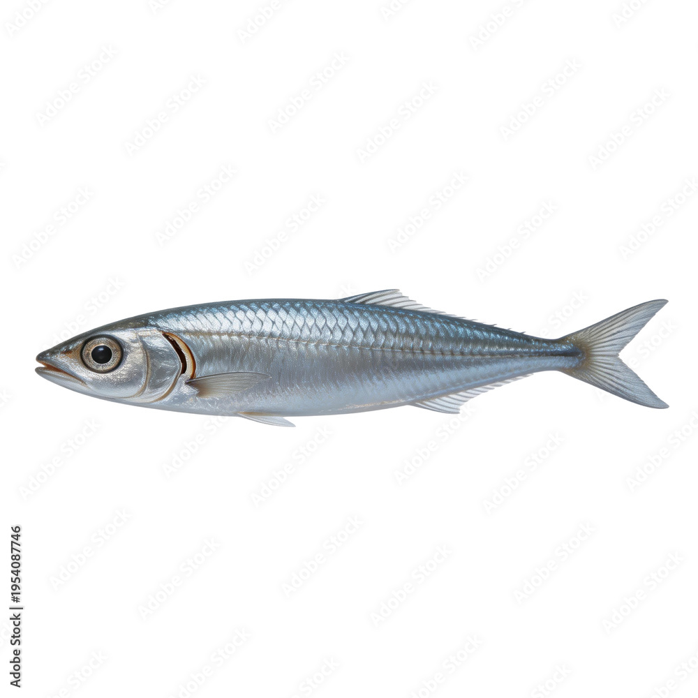 Fototapeta premium Atlantic herring fish showcases its metallic silver scales and large black eye while swimming against a clean white background.