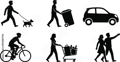 Black and white vector silhouette set showing daily activities like walking a dog, taking out trash, driving a car, cycling, and grocery shopping.
