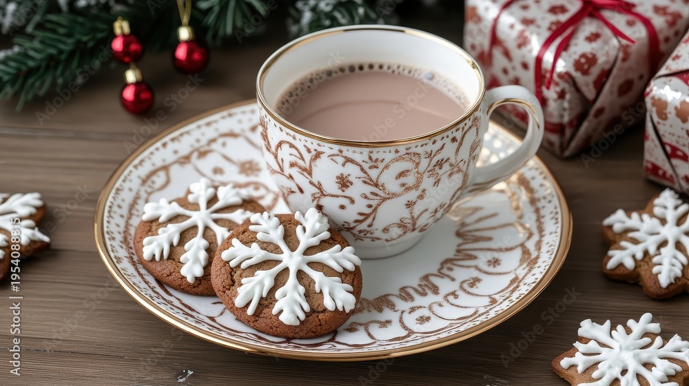 Fototapeta premium Cozy Christmas hot cocoa served with decorative snowflake cookies on a festive holiday plate