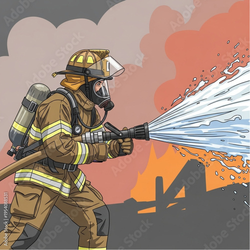 Firefighter in Action with Fire Hose.