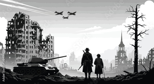 Monochrome illustration depicting aftermath of war, with destroyed buildings and silhouettes of two figures observing a tank and planes