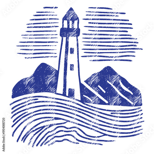 Blue lighthouse and rocky mountains: vector linocut landscape with ocean waves. Indigo nautical illustration with crosshatching texture, maritime beacon and nordic sea scene isolated on white