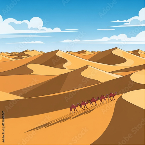 Camel Caravan Traveling Through Desert Landscape.