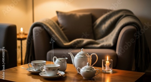 A tranquil and inviting evening scene featuring a delicate porcelain tea set and warm flickering candlelight, creating an atmosphere of ultimate comfort and relaxation in a cozy living space