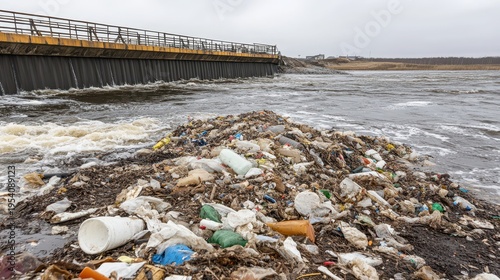 Massive Accumulation of Industrial Waste Piled Near a River Crossing Under Overcast Skies