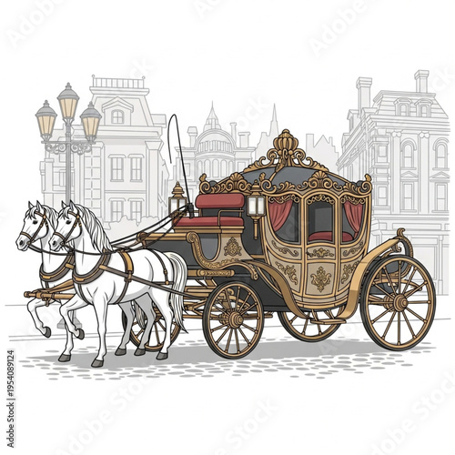 Ornate Horse Drawn Carriage Illustration with White Horses.