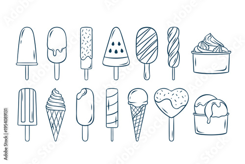 large vector set, different types of ice cream, popsicle, cone, sorbet, fruit ice, simple icons, doodle and sketch, Mediterranean style blue line