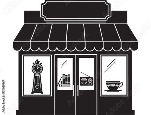 Storefront with awning and display windows showing coffee shop items featuring cafe, restaurant, retail with business and building elements for