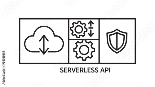 Serverless API icon set with cloud, gear, and shield symbols in line style for web development and technology applications.