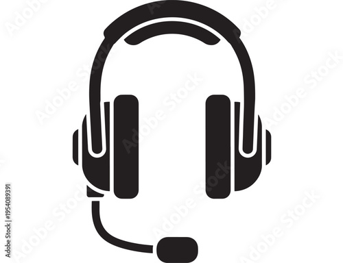 Headset icon with microphone and curved ear cushions in black featuring headphones, illustration, communication with technology and audio elements