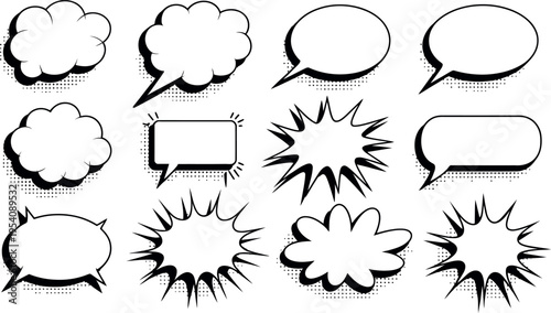 A collection of various comic book speech and thought bubbles is shown in this graphic. The set includes classic clouds, sharp explosions, and rounded rectangular shapes for dialogue.