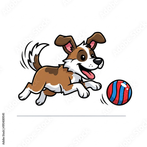 Cartoon Dog Running with Red Blue Ball.