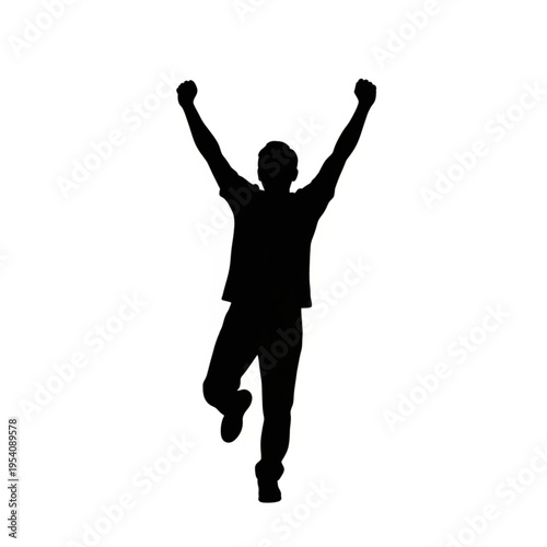 Silhouette of man jumping with raised arms.