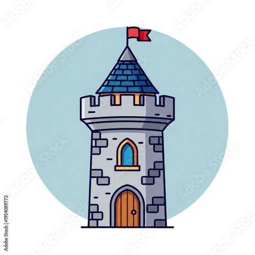 Medieval Castle Tower with Flag and Stone Walls.