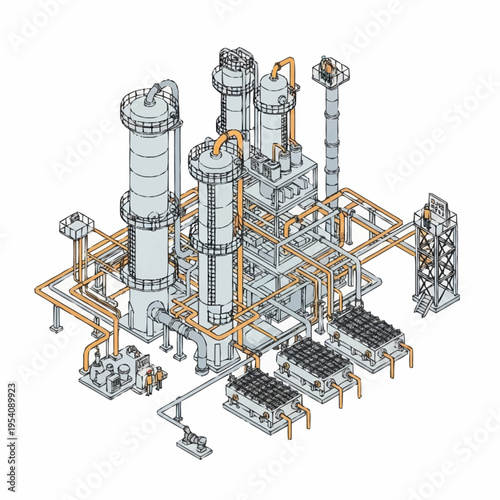 Detailed Isometric Blueprint of an Industrial Chemical Processing Plant.