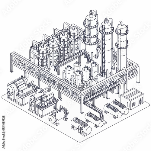 Detailed Isometric Blueprint of an Industrial Chemical Processing Plant.