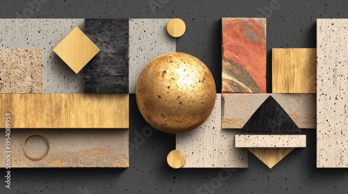 Abstract geometric composition with gold sphere and textured stone blocks on dark background,