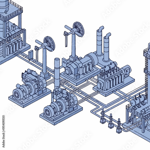 Industrial Plant Isometric View with Machinery and Pipelines.