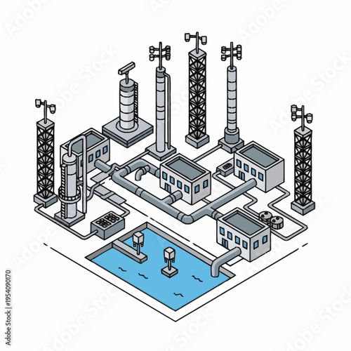 Isometric illustration of a complex industrial water treatment and communication facility.