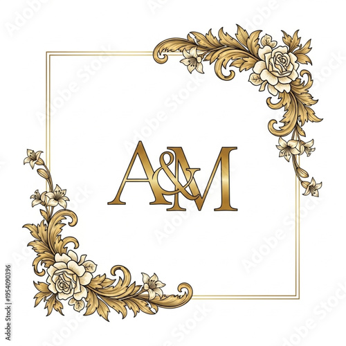 Gold Monogram Initials AM Ornate Frame.