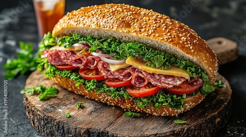 Gourmet Italian sub sandwich with sesame seed bread loaded with salami cheese fresh lettuce tomatoes on rustic wooden cutting board in natural lighting
