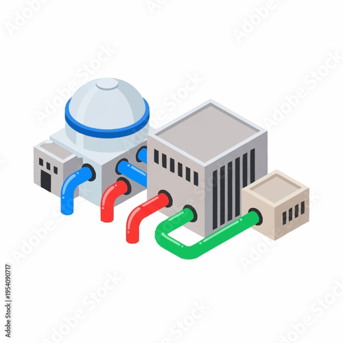 Isometric Industrial Power Plant with Connected Pipes.