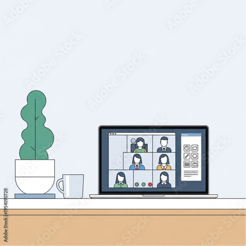 Laptop Displaying Video Conference on Desk.