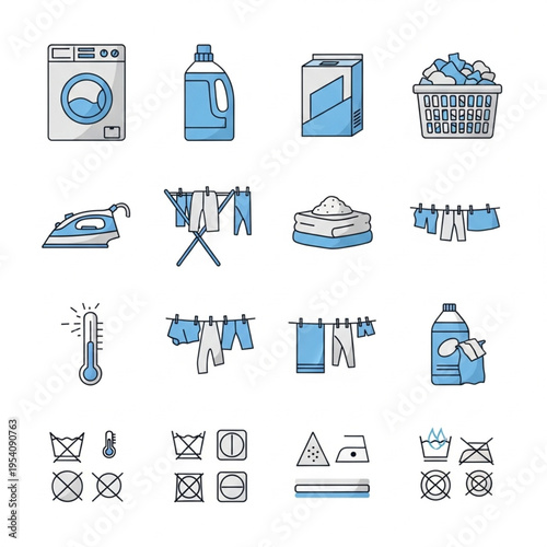 Laundry Icons Set with Various Symbols.