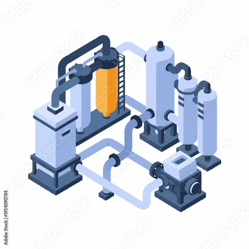 Isometric Industrial Water Filtration System for Purification and Treatment.