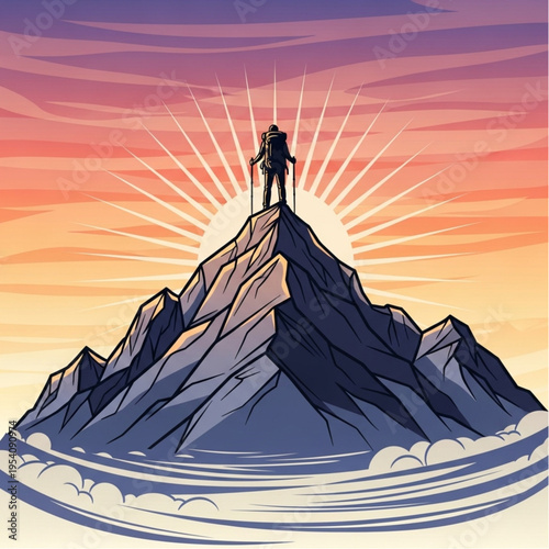 Man Standing on Mountain Peak at Sunset.