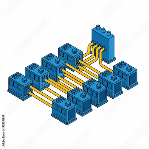 Isometric view of a complex industrial electrical distribution system with multiple blue boxes and yellow cables.