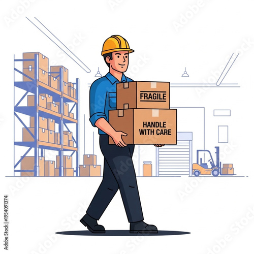 Warehouse Worker Carrying Fragile Boxes Safely.