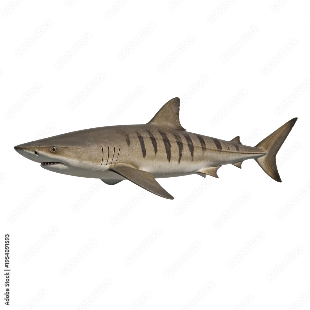Fototapeta premium Tiger shark swimming gracefully against a clean white background showing its dark vertical stripes and sharp dorsal fin.