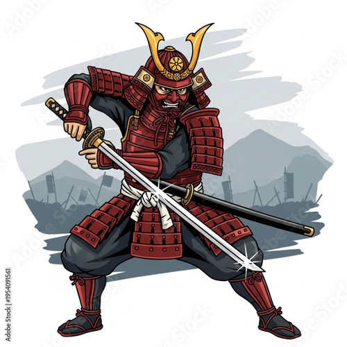 Samurai Warrior in Red Armor with Swords.