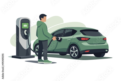 Man charging electric car at charging station modern vehicle.