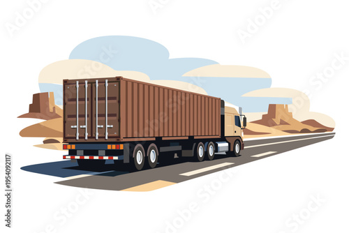 Large cargo truck driving on a highway in a desert landscape.