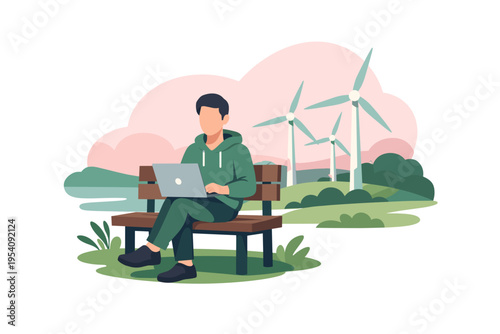 Man working on laptop on bench near wind turbines.