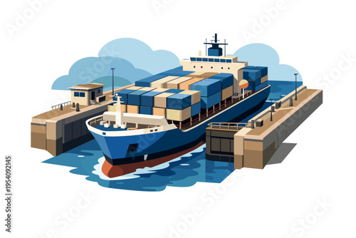 Large cargo ship with containers in a dry dock for maintenance.