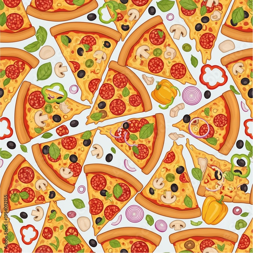Pizza Slices with Various Toppings Pattern.
