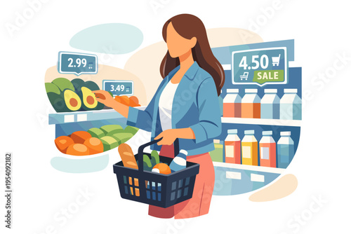 Woman shopping for groceries in a supermarket aisle.