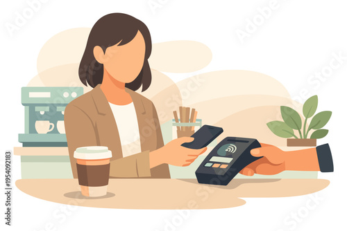 Woman making contactless payment with smartphone at coffee shop counter.