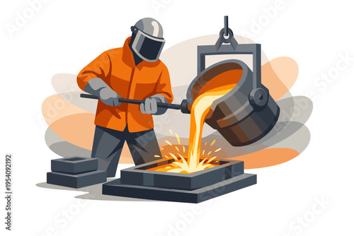Worker pouring molten metal into mold at foundry.
