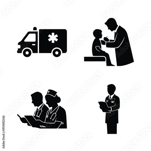 Emergency medical services and pediatric care icons featuring ambulances and doctor patient interactions