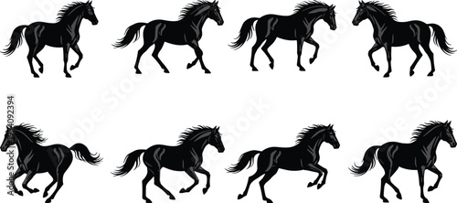 Running horse silhouettes collection featuring dynamic galloping poses in black vector style for equestrian design wildlife and animal motion illustration