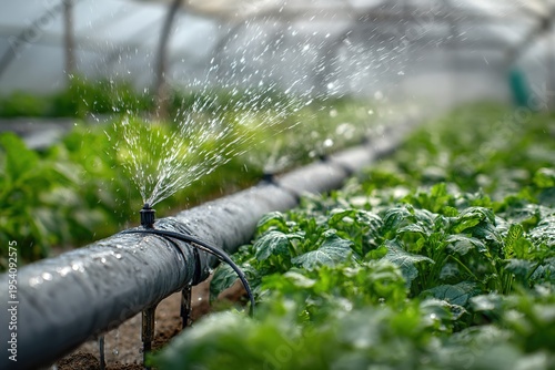 A drip irrigation system waters green plants in a vegetable garden modern agricultural technology for efficient water resource use