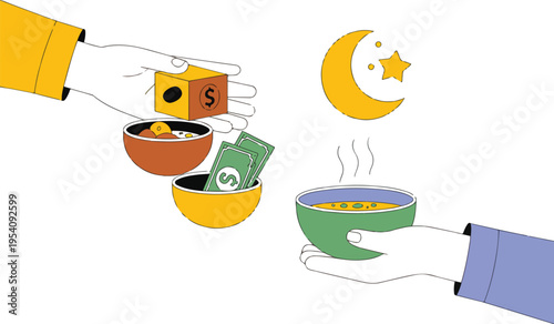 Muslim hands sharing food and giving money donations for zakat and charity during ramadan and iftar celebration vector.