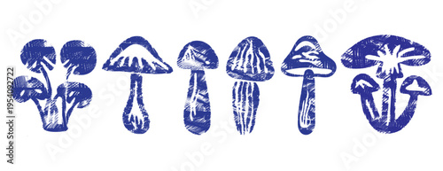 Blue ink mushroom collection: vector bold linocut set of forest fungi, amanita and enoki clusters. Indigo mystical silhouette illustration with hatching and crosshatch texture isolated on white