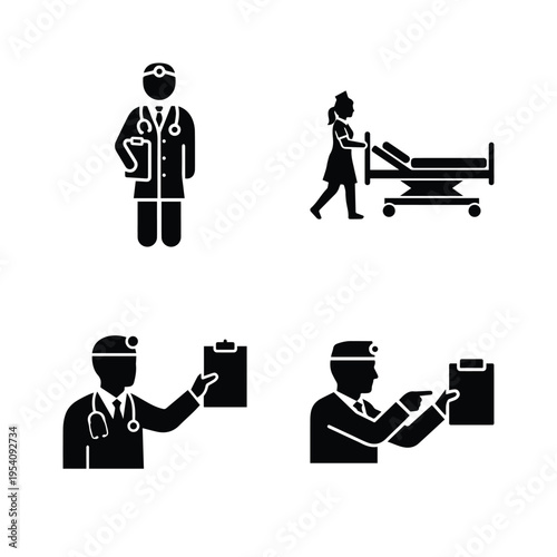 Professional medical staff with patient care equipment and clinical documentation in black silhouette style
